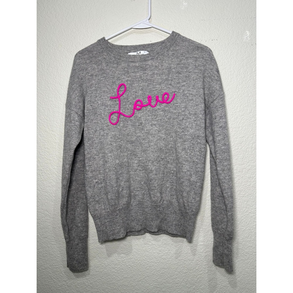 Magaschoni Cashmere Gray‎ Love Embroidered Crewneck Sweater Womens M Neon Pink